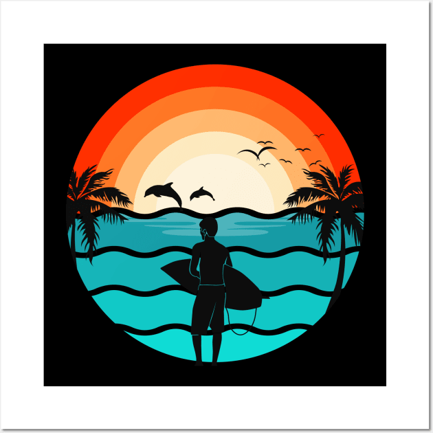 Hawaii Surfing Retro Illustration Surfer Wall Art by Foxxy Merch